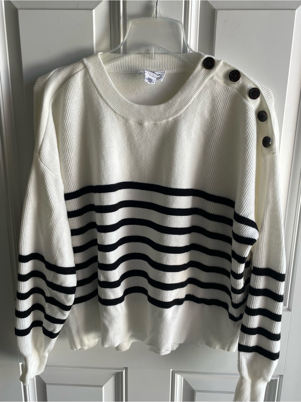 Women's White & Black Striped Button-Shoulder Sweater